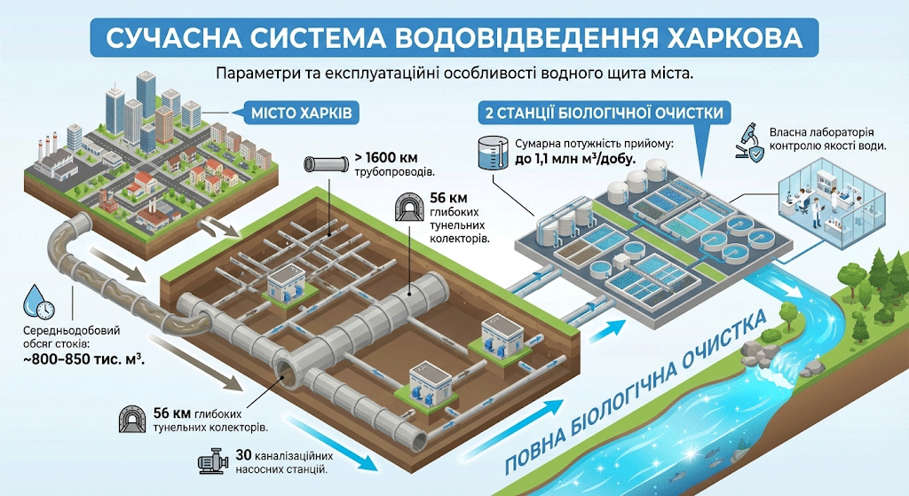 Схема системи водовідведення каналізації Харкова.