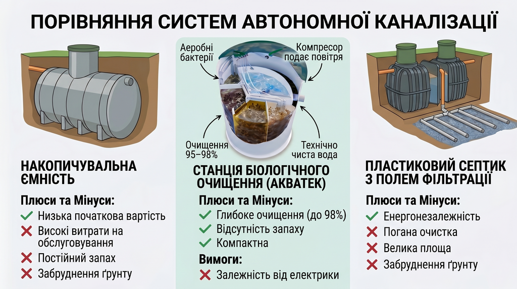 Сравнение накопительной ёмкости, биостанции AQUATEC и пластикового септика с полем фильтрации